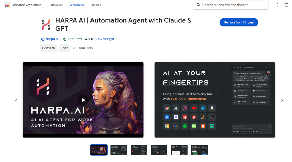 HARPA AI
وكيل الأتمتة مع Claude & GPT
تقييم 4.8
2.6k تقييم
400,000 مستخدم
إضافة كروم
أدوات
أتمتة العمل
الذكاء الاصطناعي في متناول اليد
أكثر من 100 أمر ذكاء اصطناعي
الوصول إلى الذكاء الاصطناعي في أي علامة تبويب
