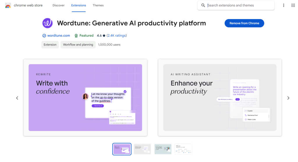 Wordtune: منصة إنتاجية معتمدة على الذكاء الاصطناعي
إعادة الكتابة: كتابة بثقة
مساعد الكتابة بالذكاء الاصطناعي: تحسين الإنتاجية
ملحق Chrome: Wordtune لتحسين الكتابة
توسيع الكتابة: مساعد الكتابة الإنتاجية